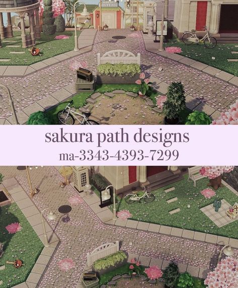 Acnh Zen Path Design, Animal Crossing Road Codes, Colin Crossing, Acnh Zen Garden, Sakura Design, Concrete Path, Pink Island, Brick Path, Animal Crossing 3ds