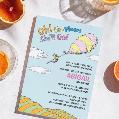 Oh The Places You Will Go First Birthday, Oh The Places You’ll Go Birthday, Dr Seuss Birthday, Birthday Party Theme Decorations, Party Details, 1st Birthday Invitations, First Birthday Invitations