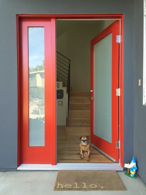 Red full-view front door with side-light and frosted glass. Very similar to our current configuration. House Front Door Design, Red Front Door, Contemporary Front Doors, Door Handle Design, Frosted Glass Door, Modern Front Door, Front Door Handles, Front Door Entrance, Painted Front Doors