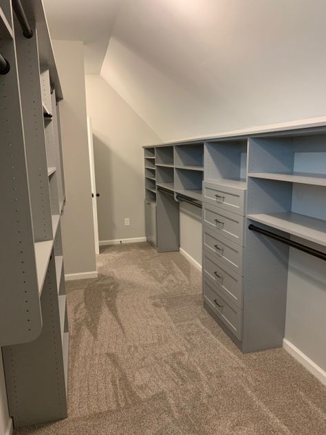 Low Ceiling Walk In Closet, Closet Designs Angled Ceiling, Building Closet With Slanted Ceiling, Walk In Closet Sloped Ceiling, Walk In Closet Angled Ceiling, Closet Organization Ideas Slanted Roof, Closet Roof Slope, Attic Walk In Closet Slanted Ceiling, Angled Roof Closet