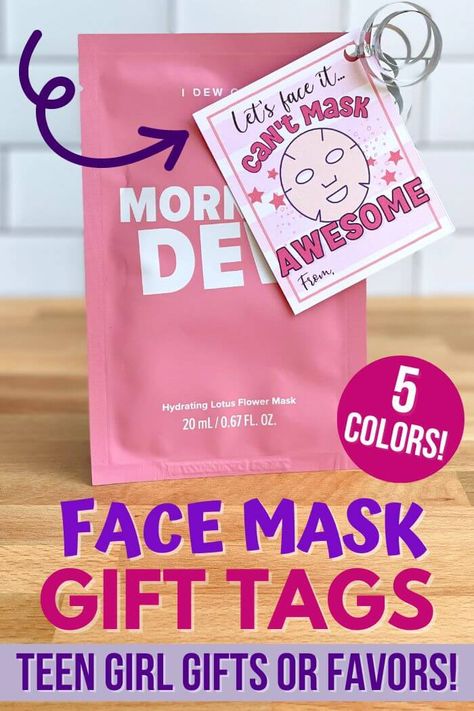 Looking for inexpensive teen girl gifts for your daughter to pass out to her best friends at school? These sheet mask gifts are so easy to make with printable gift tags! Just print the cute teen girl party favor tags, cut them out, and attach to a sheet mask or other spa face mask for easy best friend gift ideas! Face Mask Gift Tag, Eye Mask Gift Tag, Face Mask Birthday Party, Hollywood Graduation, Face Mask Gift Ideas, Spa Face Mask, 11 Birthday, Spa Masks, Teacher Gift Tags