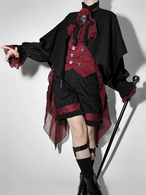 Magician Aesthetic Outfit Male, Red Ouji Fashion, Visual Kei Clothing, Unique Outfits Men, Victorian Outfits Male, Vampire Outfit Men, Gothic Ouji Fashion, Victorian Fashion Male, Ouji Fashion Male