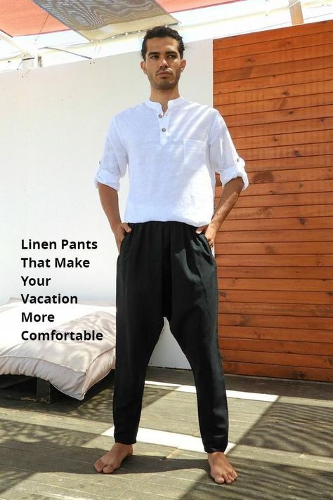 Linen Harem Pants with Big & Tall Sizes. We all need comfy outfits when travelling. If comfort comes with a style that makes a perfect outfit. Our linen harem pants are 100% linen and will keep you cool even under hot sun and give you the freedom to move as much as you want. These harem pants are absolutely perfect travel companions. Linen Harem Pants, Harem Pants Men, Black Harem Pants, Mens Linen Pants, Pants Linen, Burning Man Outfits, Drop Crotch Pants, Mens Linen, Boho Pants