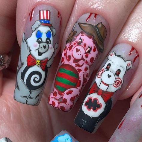 Horror Character Nails, Care Bear Nail Designs, Halloween Cartoon Nails, Killer Klowns From Outer Space Nails, Cartoon Halloween Nails, Trippy Nail Ideas, Scary Nail Designs, Casper Nails, Halloween Character Nails