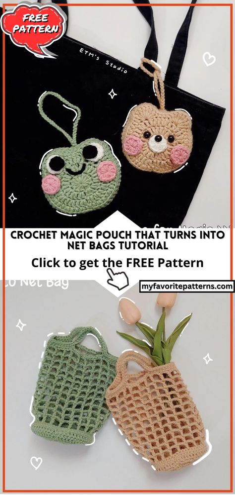 Crochet Magic Pouch that turns into Net Bags Tutorial Crochet Net Pattern, Crochet Hook Pouch, Chunky Yarn Crochet Pattern, Crochet Craft Fair, Small Crochet Gifts, Chunky Yarn Crochet, Autumn Crochet, Free Crochet Bag, Crochet Frog