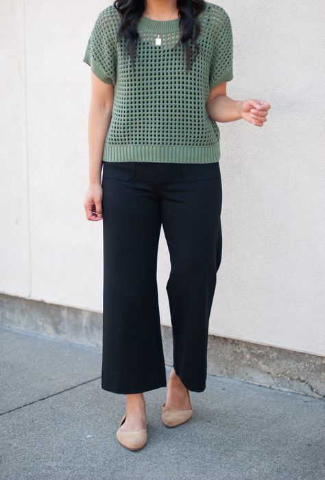 olive green short sleeve sweater top   black tank   black wide leg crop pants   gold earrings Crop Wide Leg Pants Outfit, Wide Leg Crop Pants Outfit, Cropped Wide Leg Pants Outfit, Easy Work Outfits, Cropped Pants Outfit, Nursing Friendly Outfits, Neutral Trousers, Cropped Outfits, Simple Work Outfits