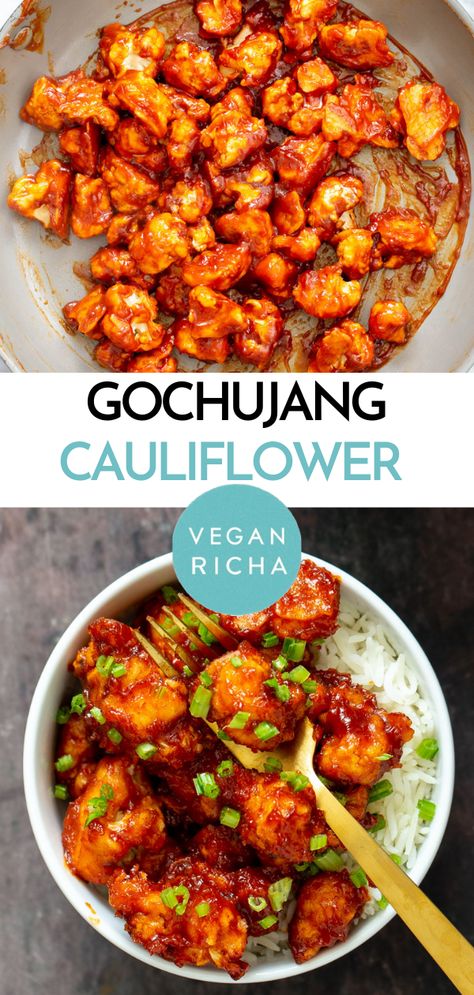 Sweet-spicy-crunchy Gochujang Cauliflower can be served as an appetizer or an entree! Gochujang Cauliflower Wings make a perfect game day snack, or serve over rice for a delicious, veggie dinner. Gojuchang Cauliflower, Gochujang Vegetables, Gochujang Cauliflower, Cauliflower Dinner, Gochujang Recipe, Serve Over Rice, Spicy Cauliflower, Cauliflower Wings, Easy Cauliflower