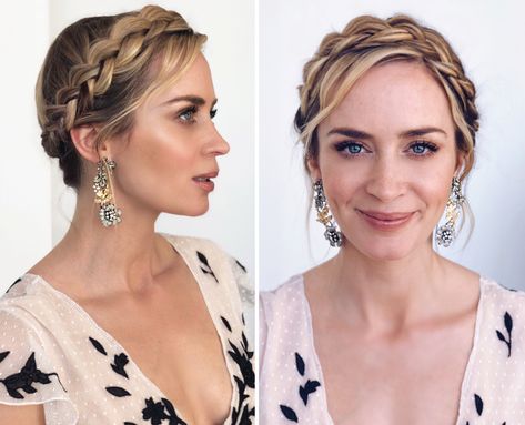 Emily Blunt's Elegant Crown Braid – The Beachwaver Co. German Braids Hairstyles, German Hairstyle, Face Hairstyles, Tan Skin Blonde Hair, Braided Crown Hairstyles, French Braid Ponytail, Side French Braids, Oval Face Haircuts, Oval Face Hairstyles