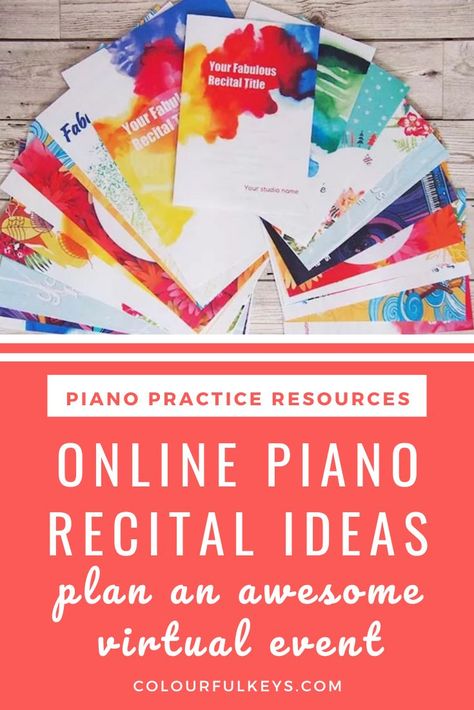 There is a spread of recital programmes. The text reads, "piano practice resources. Online piano recital ideas, plan an awesome virtual event. colourfulkeys.com." Piano Recital Gifts, Recital Dress, Christmas Piano, Kids Piano, Piano Recital, Piano Practice, Piano Studio, Piano Teacher, Music Concert