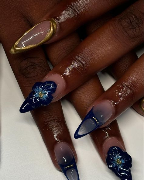 This discounted blue and gold combo 😫💙💛 - 𝐷𝑚 𝑡𝑜 𝑏𝑜𝑜𝑘! - . . . . . . . - Tags: #nails #nailart #nailsofinstagram #bluenails #goldchrome #chromenails #explorepage #fyp #reels #acrylicnails #gelx #gelxnails #almondnails #ontario #toronto #torontonails #bramptonnails Blue Tortoise Shell Nails, Brown And Blue Nails Design, Navy Blue Nails Aesthetic, Dark Blue Flower Nails, Simple Navy Blue Nails, Nails Midnight Blue, Blue And Brown Nails, Brown And Blue Nails, Gold Nail Inspiration