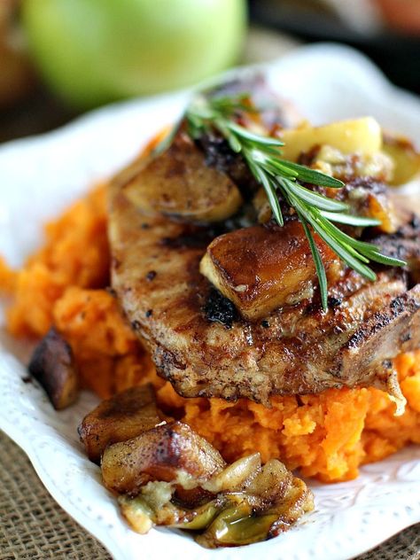 Apple Cinnamon Pork Chops, Cinnamon Pork Chops, Brown Sugar Sweet Potatoes, Apple Pork, Apple Pork Chops, Perfect Dinner, Pork Chop, Mashed Sweet Potatoes, Pork Chop Recipes