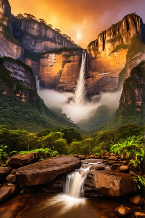 A breathtaking 8K photograph of Angel Falls at dawn. Golden light catches water droplets as mist rises through the tropical air. Perfect for a desktop background. #AngelFalls #Waterfall #Venezuela Pretty Waterfall, Angel Falls, Water Patterns, Waterfall Photography, Desktop Background, Golden Light, Beautiful Landscape Wallpaper, Backgrounds Desktop, Landscape Wallpaper