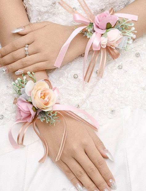 Ribbon Wrist Corsage, Prom Corsage Diy, Celestial Party, Mother Of Bride Corsage, Bride Corsage, Prom Flowers Corsage, Wrist Corsage Bracelet, Wedding Accessories Diy, Corsage Bracelet