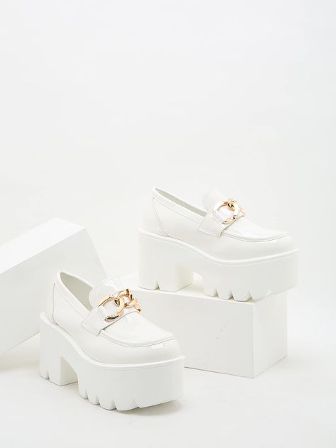 Classic White Platform Loafers, Elegant White Platform Loafers, White Leather Platform Loafers, Elegant White Slip-on Platform Loafers, White Synthetic Slip-on Platform Loafers, Shein Shoes, White Loafers, Platform Loafers, Womens Wedges