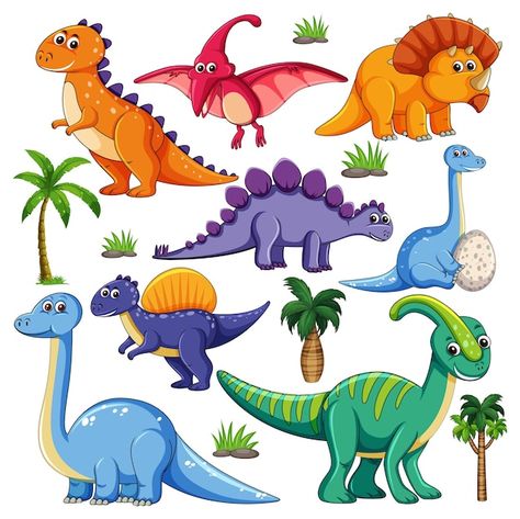 Conjunto de varios personajes de dibujos... | Free Vector #Freepik #freevector #dinosaurios-dibujos #dinosaurio #eps-fondo #triceratops Playroom Mural, Jurassic World T Rex, Dinosaur Wall Decals, Dinosaur Silhouette, Dinosaur Footprint, Dinosaur Posters, Dinosaur Images, Dinosaur Illustration, Dinosaur Stickers