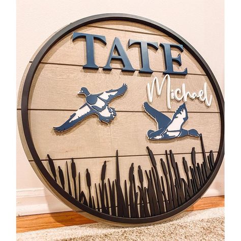 Wood Duck Nursery, Hunting Theme Nursery Boy Rooms, Duck Hunting Themed Nursery, Boy Nursery Duck Hunting, Baby Boy Duck Hunting Nursery, Deer Nursery Ideas Boy, Baby Name Signs Boy, Boy Name Signs For Nursery, Baby Boy Hunting Nursery