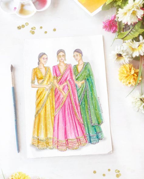 Dipti Patel Illustration on Instagram: “Vibrant colors and sunshine vibes, which one is your favorite from the @sabyasachiofficial #summer2020 collection?…” Watercolor Fashion Sketch, Sunshine Vibes, Wedding Dress Sketches, Fashion Illustrations Techniques, Fashion Drawing Sketches, Dress Illustration, Fashion Drawing Tutorial, Girl Drawing Sketches, Fashion Illustration Sketches Dresses