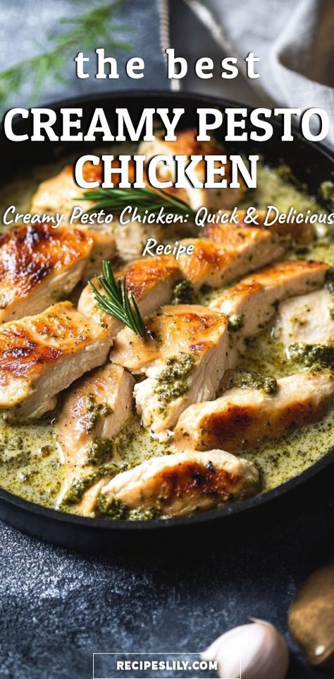 Indulge in this delicious Creamy Pesto Chicken recipe that’s perfect for busy weeknights! Juicy chicken breasts are smothered in a rich, homemade creamy pesto sauce made with fresh basil, garlic, and Parmesan. Simple to prepare and packed with flavor, this dish will elevate your dinner game and impress your family or guests. Serve it over pasta, rice, or with a fresh salad for a complete meal. Save and share this recipe for a quick, mouthwatering dinner that will have everyone asking for seconds! Cooking With Pesto Easy Recipes, Creamy Pesto Recipe, Chicken Breast Pesto Recipes, Chicken Pesto Pasta Recipes, Pesto Pasta Chicken, Pesto Chicken Recipes, Chicken With Pesto Sauce, Cream Chicken Pasta, Basil Pesto Chicken Pasta