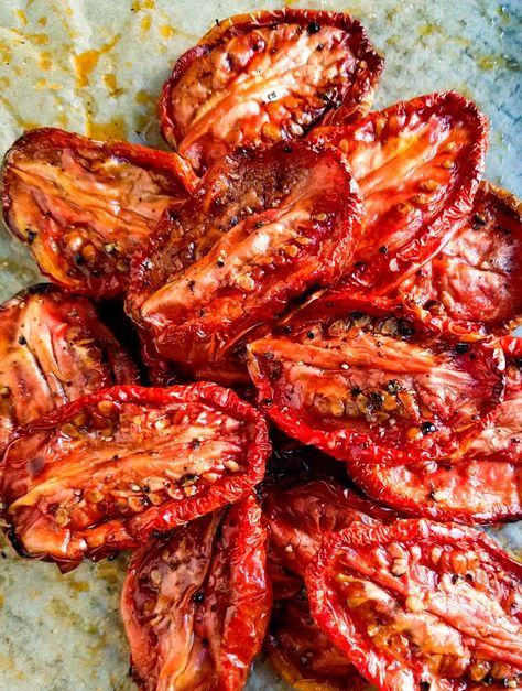 Easy slow roasted tomatoes recipe is the perfect way to use unripe plum or Roma tomatoes. Oven roast on a low heat for the perfect sweetness. Easy for meal prep and whole30, vegan, paleo, vegetarian, gluten free, dairy free, wahls protocol recipe. A perfect side dish for dinner or throw into your favorite pasta! #healthy #roastedvegetables #howto peelwithzeal.com Plum Tomatoes Recipes, Roast Tomatoes In Oven, Slow Roasted Roma Tomatoes, Oven Roast Tomatoes, Slow Roasted Cherry Tomatoes Oven, Roast Cherry Tomatoes In Oven, Roasted Tomatoes Recipe, Roasted Tomato Recipes, Wahls Protocol