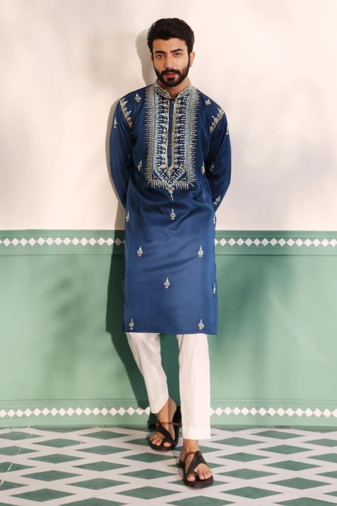 Buy Blue Padma Silk Embroidery Arsh Mirror And Beads Kurta With Pant For Men by Shreyansh Designs Online at Aza Fashions. Kurta With Hand Embroidery, Men Embroidery Kurta Design, Sky Blue Kurta Men, Mens Sangeet Outfit, Sangeet Outfit For Men, Designer Kurta For Men, Traditional Indian Mens Clothing, Hole Embroidery, Kurta Designs Men's