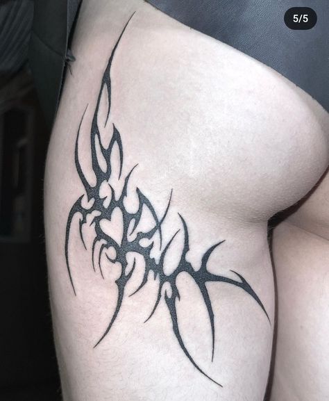 You know what's worse than having a messed up tattoo design on your skin forever? Getting called out about that epic fail online. Underbutt Tattoo Idea, Thigh Tattoo Cybersigilism, Thigh To Stomach Tattoo, Cute Goth Tattoo Ideas, Cybersigilism Tattoo Thigh, Goth Leg Tattoo, Cybergilism Tattoo, Gothic Sternum Tattoo, Emo Tattoos