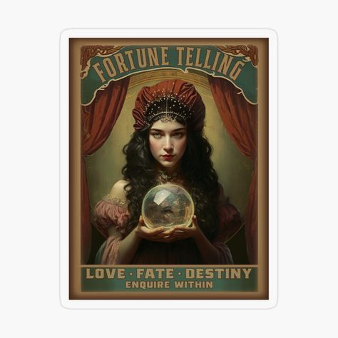 Inspired by a vintage Fortune Teller poster: a beautiful, mysterious dark haired fortune teller and her crystal ball. Fortune Teller Poster, Vintage Fortune Teller, Circus Aesthetic, Black Halo, Fortune Telling, Fortune Teller, Witch Art, Fun Fun, Junk Journaling