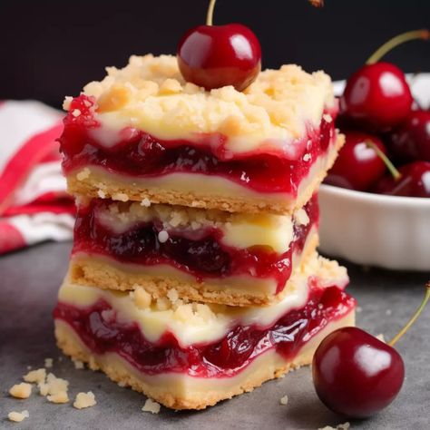 Christmas Cherry Bars – Life with Janet Christmas Cherry Cheese Bars, Christmas Cherry Pie Bars, Thanksgiving Desserts Cherry, Cherry Slice Bars, Cherry Blondies Recipe, Easy Cherry Bars, Cherry Christmas Bars, Christmas Cherry Bars Recipe, Christmas Cherry Bars Taste Of Home