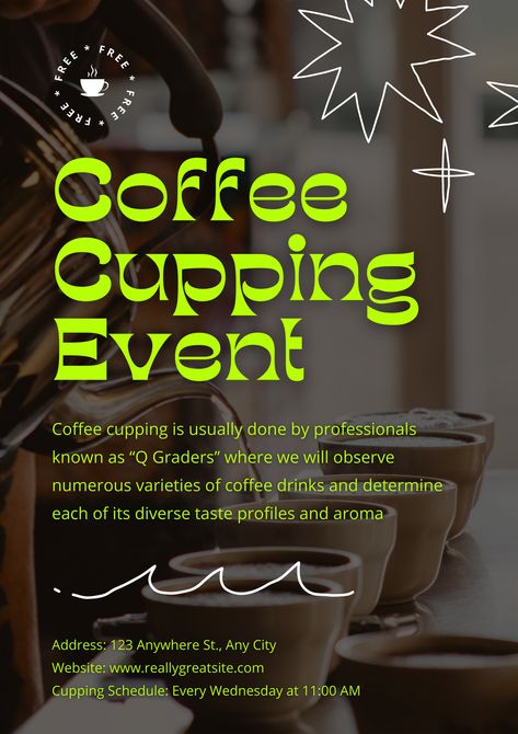 Dark photo Coffee Cupping Event Poster Coffee Event Poster Design, Cafe Event Poster, Coffee Event Poster, Cafe Banner Design, Pop Up Flyer, Coolest Posters, Coffee Moodboard, Coffee Event, Coffee Cupping