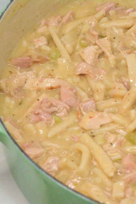 Turkey and Noodles made with leftover turkey is easily made on the stove by sauteing onoins, celery, and garlic together before adding the turkey, broth, and Reames wide noodles. Reames Noodles Crockpot, Turkey Egg Noodle Soup, Turkey And Homemade Noodles, Turkey Noodles Crockpot, Turkey And Noodles Easy, Boiling Turkey Carcass For Soup, Crockpot Noodles For Thanksgiving, Turkey Noodle Soup With Reames Noodles, Noodles For Thanksgiving Dinner