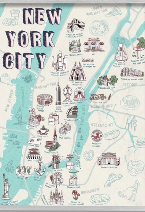 Map Of Tourist Attractions Nyc, New York Map Aesthetic, New York Map Illustration, Upstate Ny Travel, Nyc Attractions, Spiritual Goals, Maps Aesthetic, Brooklyn Brewery, Manhattan Map