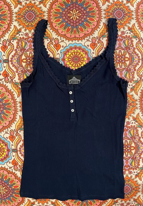 Lace Trim Knit Cami - Large Navy Blue Tank Top Outfit, Blue Lace Tank Top, Tank Top With Buttons, Lace Tank Tops, Dark Blue Top, Button Tank Top, Lacy Tank Top, Vintage Cami, Lace Trim Tank Top