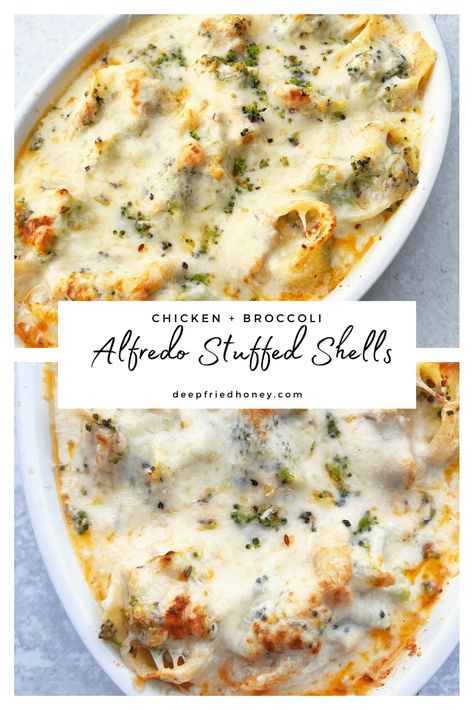 Chicken Broccoli Alfredo Stuffed Shells is exactly what it sounds like: jumbo shells stuffed with chicken and broccoli, covered in alfredo. #stuffedshells #recipes #deepfriedhoney #alfredo #pasta via @deepfriedhoney Jumbo Shells Stuffed, Chicken Alfredo Stuffed Shells, Alfredo Stuffed Shells, Jumbo Shells, Shells Stuffed, Chicken Broccoli Alfredo, Broccoli Alfredo, Chicken And Broccoli, Stuffed Shells Recipe