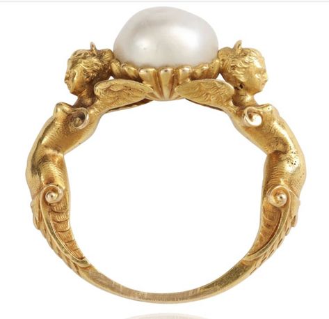 Neo-renaissance ring (in the style of Paul Robin) in gold and fine pearl. Attributed to Joseph Chaumet © Lydia Courteille Ancient Pearl Jewelry, Antique French Jewelry, Vintage French Jewelry, Baroque Wedding Ring, 1700 Jewelry, Art Nouveau Jewelry Ring, Lydia Courteille Jewelry, Baroque Ring, French Jewelry Style