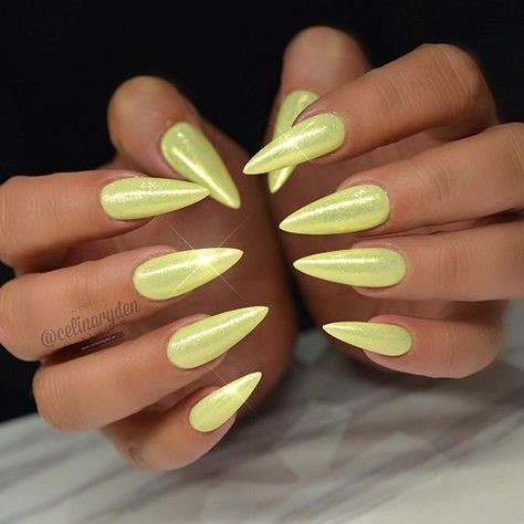 Glittery Yellow Stiletto Nails Yellow Nail Art Designs, Acrylic Nails Yellow, Yellow Chrome, Pastel Paint, Yellow Nail Art, Yellow Nails Design, Yellow Nail, Natural Nail Art, Chrome Nails Designs