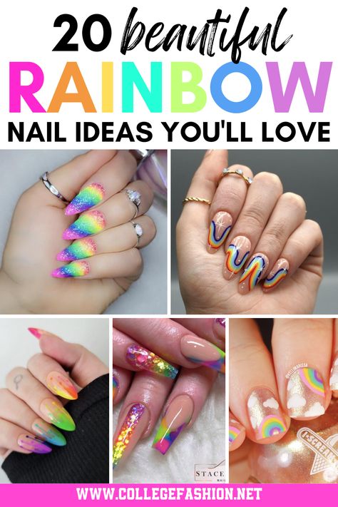 Explore 20 beautiful rainbow nail ideas for the ultimate style statement! From pastel to neon, find easy nail tutorials for your unique style. Spring Rainbow Nails, Rainbow Nail Designs Acrylic, Simple Rainbow Nail Designs, Rainbow Nail Design, Rainbow Gel Nails Short, Rainbow Nails Short, Rainbow Nail Ideas For Short Nails, Cute Rainbow Nails, Nail Art Rainbow