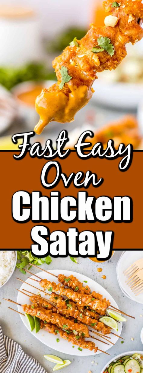 This Fast Easy Oven Chicken Satay will be on your table along with two sides in 30 minutes. The yummy satay recipe with a peanut dipping sauce will fast become a new family favorite. Chicken Satay Recipe Easy, Easy Satay Chicken, Oven Baked Chicken Satay, Baked Chicken Satay, Healthy Chicken Satay, Peanut Chicken Satay Recipe, Easy Chicken Satay With Peanut Sauce, Easy Chicken Satay, Chicken Satay With Peanut Sauce