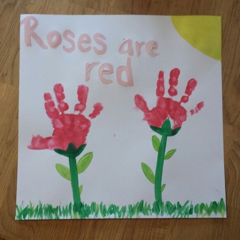 Kids Flower handprint art. Roses are red. Valentine's kids art or spring kids art Rose Handprint Craft, Red Handprint Art, Red Handprint Craft, Colour Red Activities For Kids, Red Crafts For Toddlers, Flowers Activities, Spring Art For Kids, Flower Handprint Art, Spring Kids Art