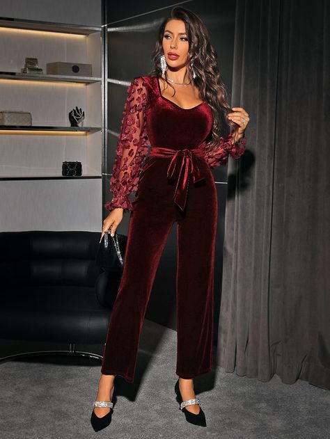 Burgundy Party Collar Long Sleeve Flannelette Plain Other Embellished Medium Stretch  Women Jumpsuits & Bodysuits Burgundy Party, Velvet Jumpsuit, Prom Dresses With Sleeves, Cocktail Party, Jumpsuits For Women, Appliques, Prom Dresses, Jumpsuit, Prom