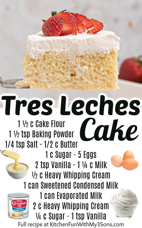 Cake can come in many forms, but this Tres Leches Cake just seems to have one of the best flavors and textures in my opinion. This recipe will have your mouth watering, and when it's done, you will want to eat the whole thing by yourself, but I recommend letting some of your friends and family try it out first! Tres Leches Cake Recipe Authentic, Mexican Dessert Recipes Easy, Homemade Vanilla Frosting, Yummy Dessert Recipes, Tres Leches Cake Recipe, Birthday Cake Decorating Ideas, Boricua Recipes, Mexican Dessert Recipes, Tres Leches Cake