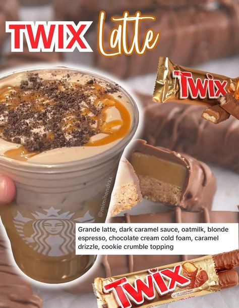 Twix Starbucks Drink, Sweet Food Recipes Desserts, Twix Frappuccino Starbucks, Starbucks Copycat Recipes Drinks, Starbucks Drink Menu, Starbucks Secret Menu Recipes, Starbucks Orders, Frappe Recipe, Secret Starbucks Recipes