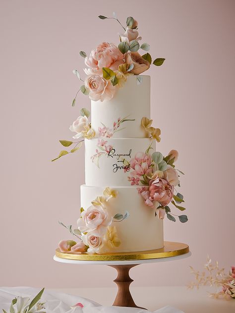 Wedding Cake Pastel Colours, Spring Themed Cake, Four Tier Wedding Cakes, Wedding Cake Ideas Elegant Beautiful, Beautiful Wedding Cakes Unique, Flower Wedding Cake Ideas, Wedding Cake 2023, Asian Wedding Cake, Unique Wedding Cake Ideas