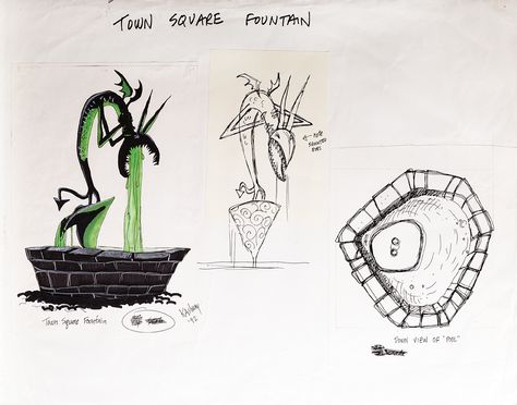 (3) “Halloween Town” fountain sketches from The Nightmare Before Christmas. (Buena Vista, 1993) Original concept sketch for the famous “Halloween Town” fountain. Accomplished in pencil, pen, ink and artist markers. Three separate sketches (1) 9 x 13 in. sketch of the fountain spewing green liquid (1) 8 x 5.5 in. sketch of the fountain with the note; “Note sequined eyes” (1) 8.5 x 10 in. overhead view sketch labeled “Down view of the Pool” Halloween Town Nightmare Before Christmas, Nightmare Before Christmas Fountain, Nightmare Before Christmas Town, Nightmare Before Christmas Village, View Sketch, Town Drawing, Nightmare Before Christmas Tattoo, Green Liquid, Nightmare Before Christmas Decorations