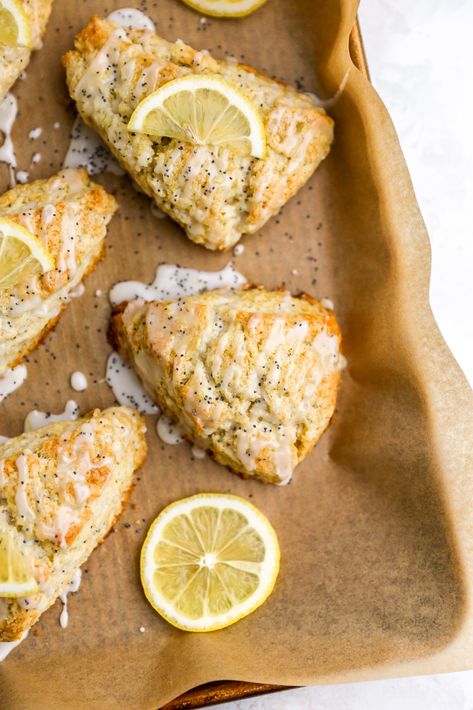 Lemon Poppyseed Scones - Yes to Yolks Lemon Poppyseed Scones Recipe, Lemon Poppyseed Scones, Lemon Lavender Cookies, Lavender Cookies, Citrus Desserts, Lemon Scones, Lemon Bar, Cream Scones, Lemon Glaze