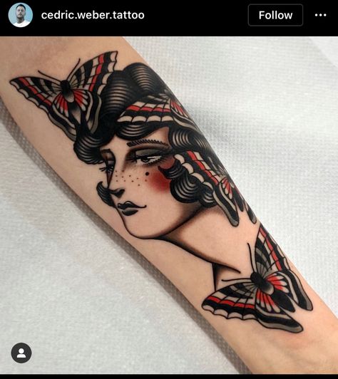 Butterfly Tattoo Traditional, Flapper Tattoo, Traditional Tattoo Woman, Traditional Butterfly Tattoo, Butterfly Lady, Traditional Black Tattoo, Traditional Tattoo Flash Art, Traditional Tattoo Inspiration, Butterfly Tattoos For Women