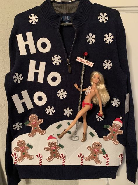 Stripper Barbie edition Barbie Ugly Christmas Sweater, Inappropriate Christmas Sweater, Ugly Christmas Sweater Ideas Diy, Easy Ugly Christmas Sweater, Barbie Edition, Diy Ugly Sweater, Christmas Costumes Diy, Santa Chair, Homemade Ugly Christmas Sweater