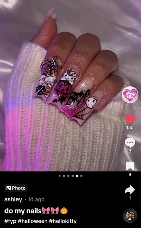 Halloween Nails Acrylic Y2k, Nails Hello Kitty Halloween, Holloween Nails Hello Kitty, Cute Halloween Nails Hello Kitty, Pink Hello Kitty Halloween Nails, Hello Kitty Halloween Nails, Witch Nails, Holloween Nails, Girls Christmas Outfits