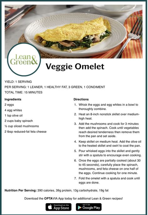 Pancreatic Diet Recipes, Lean Dinners, Veggie Omelet, Optavia Lean And Green, Lean Protein Meals, Green Breakfast, Lean And Green, Lean And Green Meals, Protein Meals