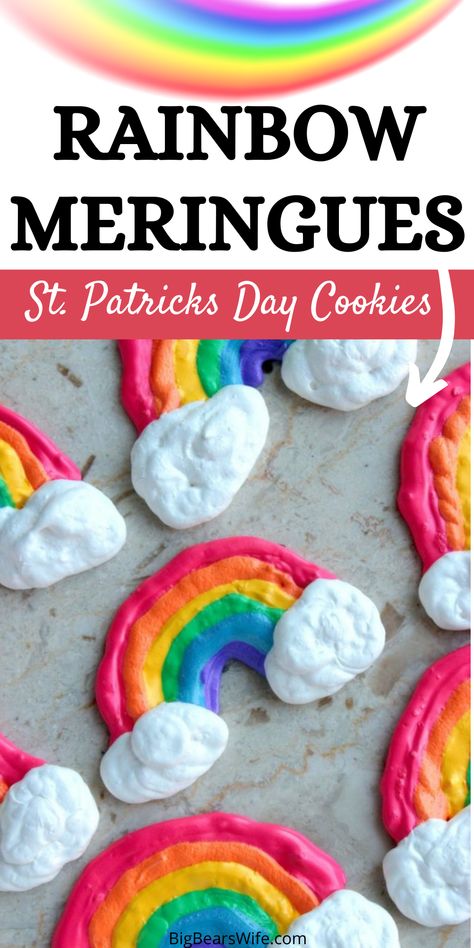 These Rainbow Meringues are light airy, crispy rainbow shaped cookies that are perfect for this weekend's St. Patrick's Day celebrations! via @bigbearswife Rainbow Meringue, Rainbow Sugar Cookies, Shaped Cookies, Comfort Food Southern, Southern Comfort, Art Theme, Family Favorite Meals, Disney Crafts, Shaped Cookie