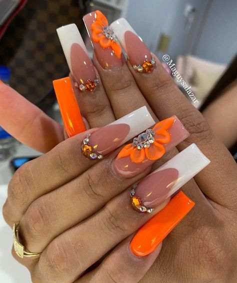 Orange Acrylic Nails, Quartz Nails, Fancy Nails Designs, Drip Nails, Nails Design With Rhinestones, Long Acrylic Nails Coffin, Acrylic Nails Coffin Pink, Unique Acrylic Nails, Pink Acrylic Nails