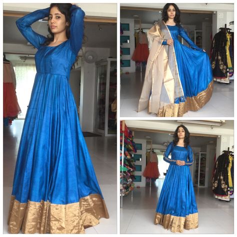 Blue full length Anarkali with golden dupatta Golden Dupatta, Designer Anarkali Dresses, Anarkali Dresses, Sari Dress, Long Gown Dress, Half Saree Designs, Long Dress Design, Indian Gowns Dresses, Long Frocks